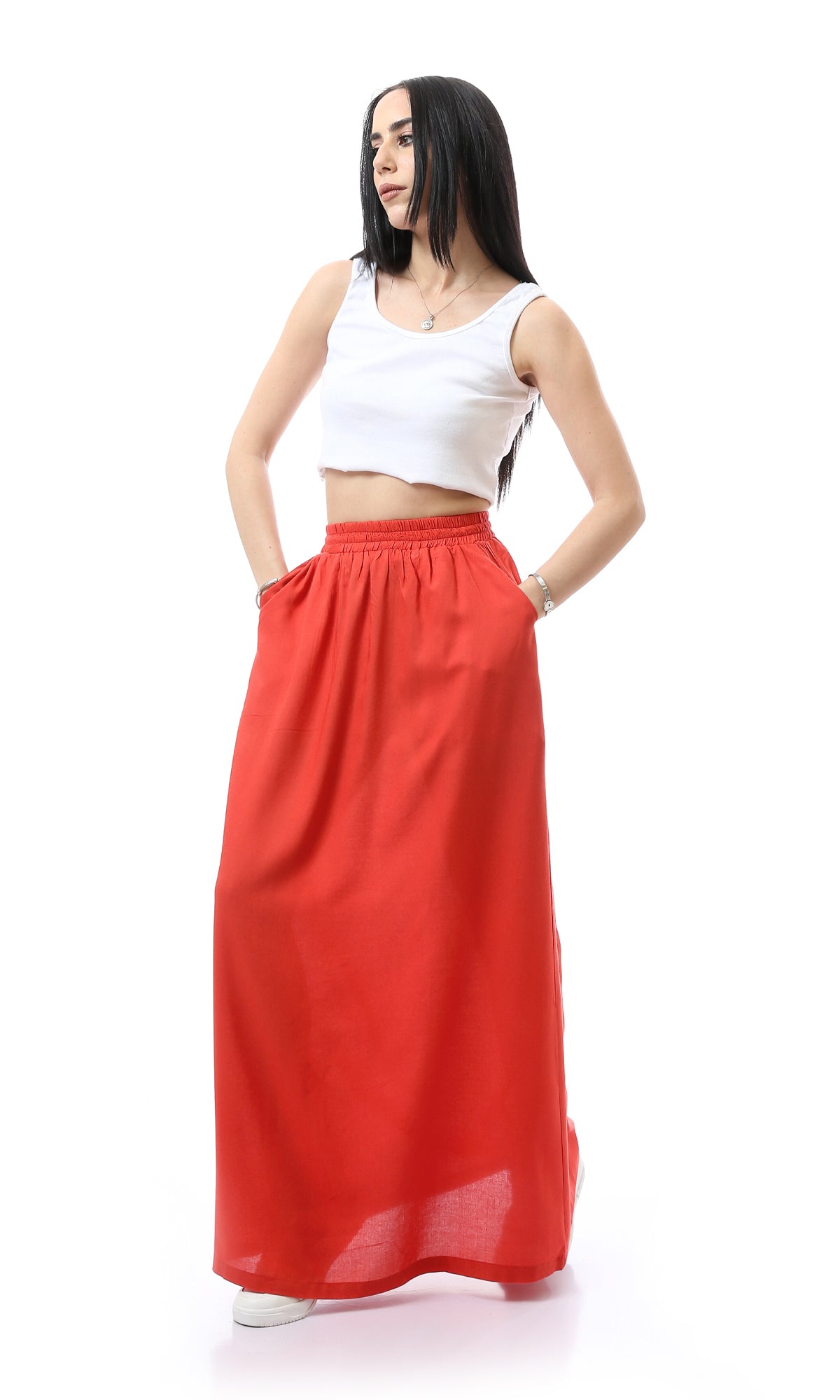 O165298 Elastic Waist Slip On Burnt Orange Maxi Skirt