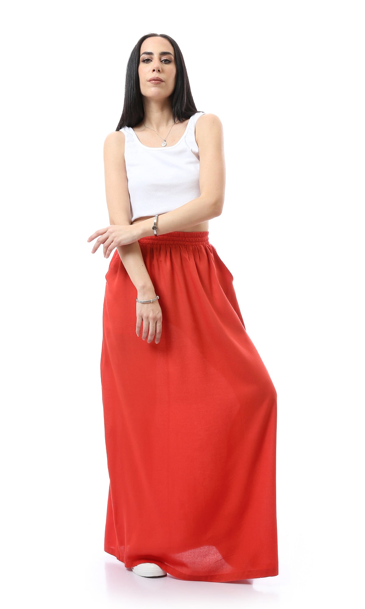 O165298 Elastic Waist Slip On Burnt Orange Maxi Skirt