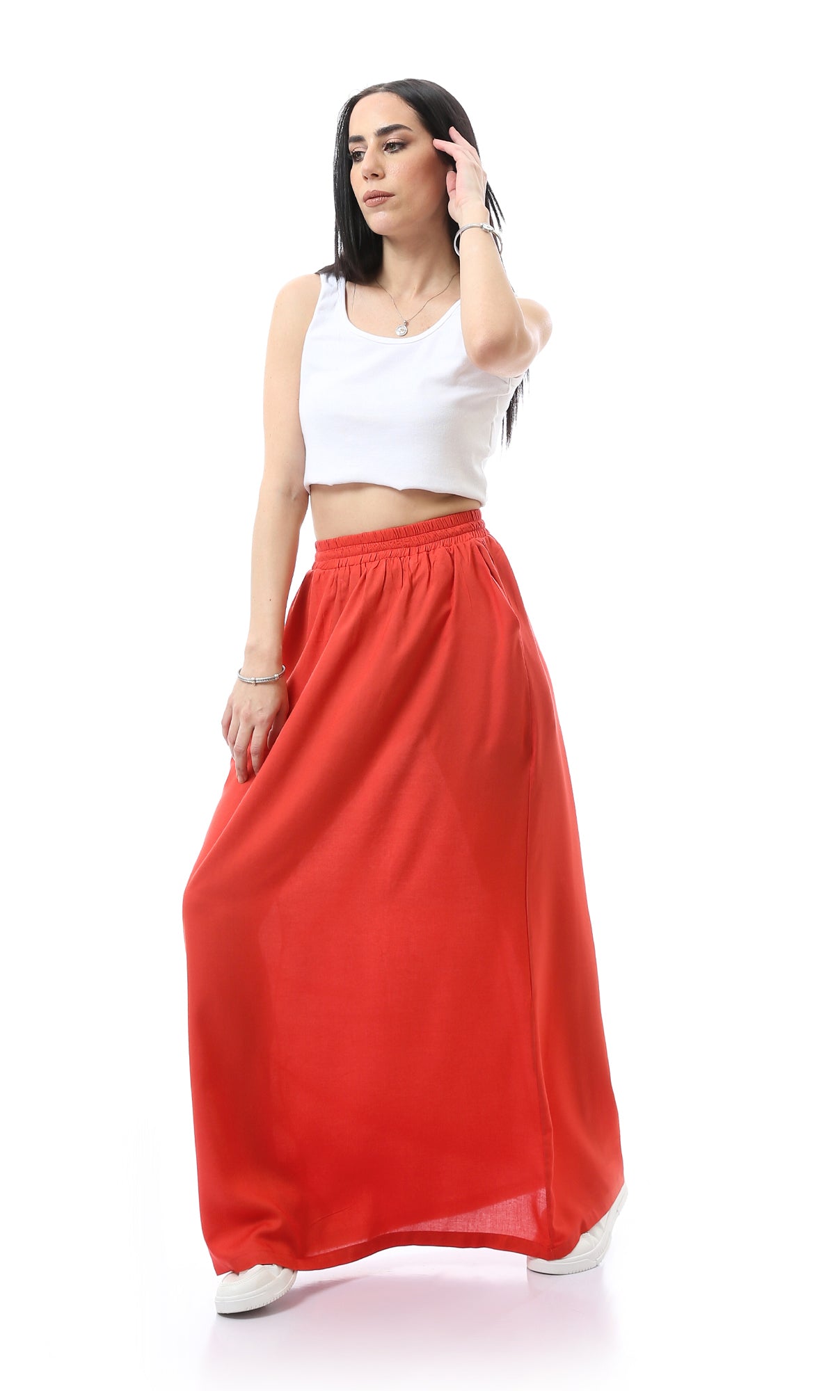 O165298 Elastic Waist Slip On Burnt Orange Maxi Skirt