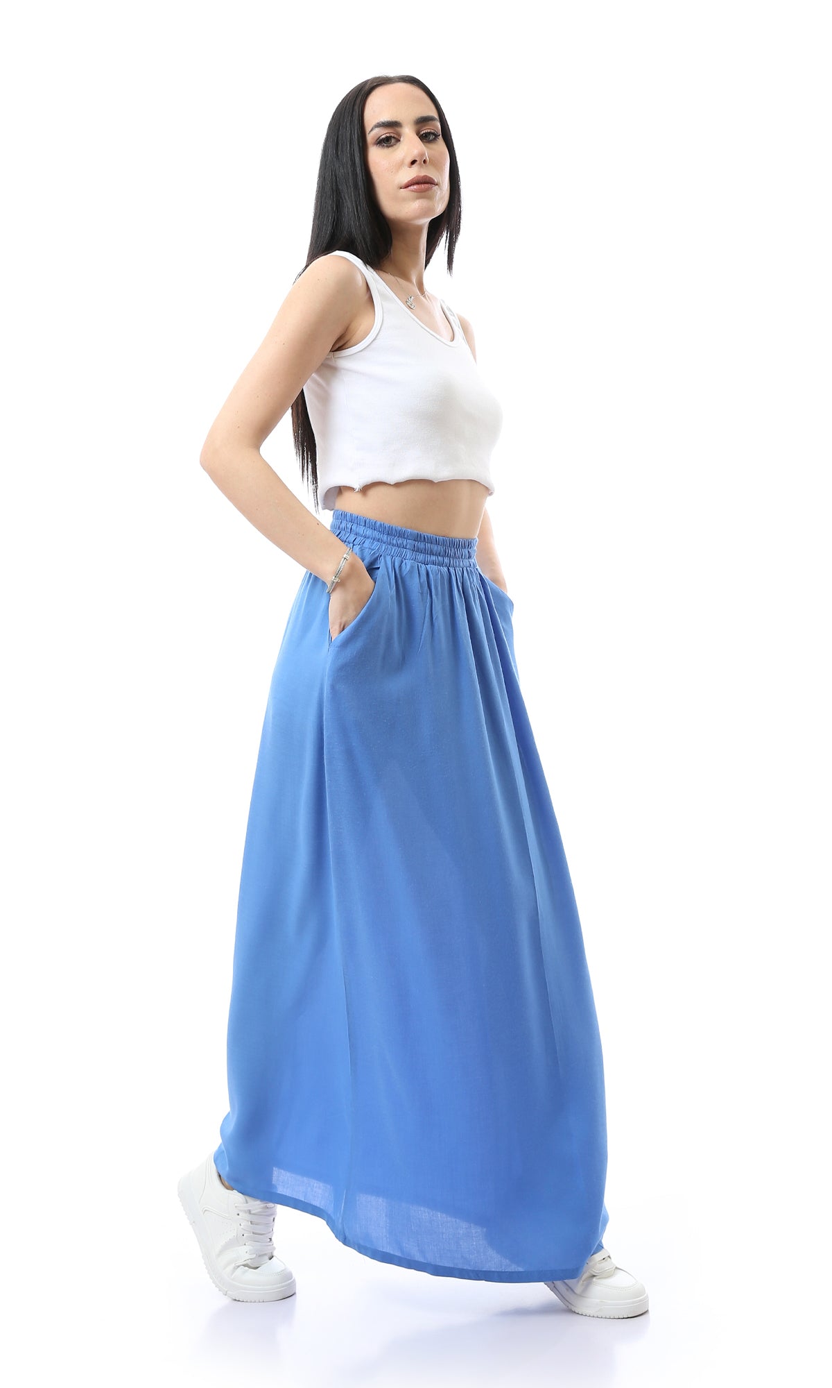 O165299 Cornflower Blue Maxi Skirt With Side Pockets