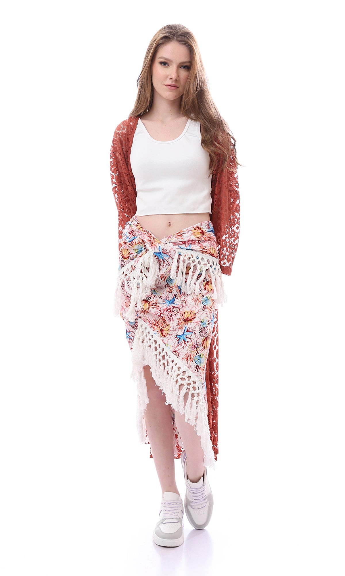 O165302 Colorful Asymmetric Zipped Skirt With Tassels