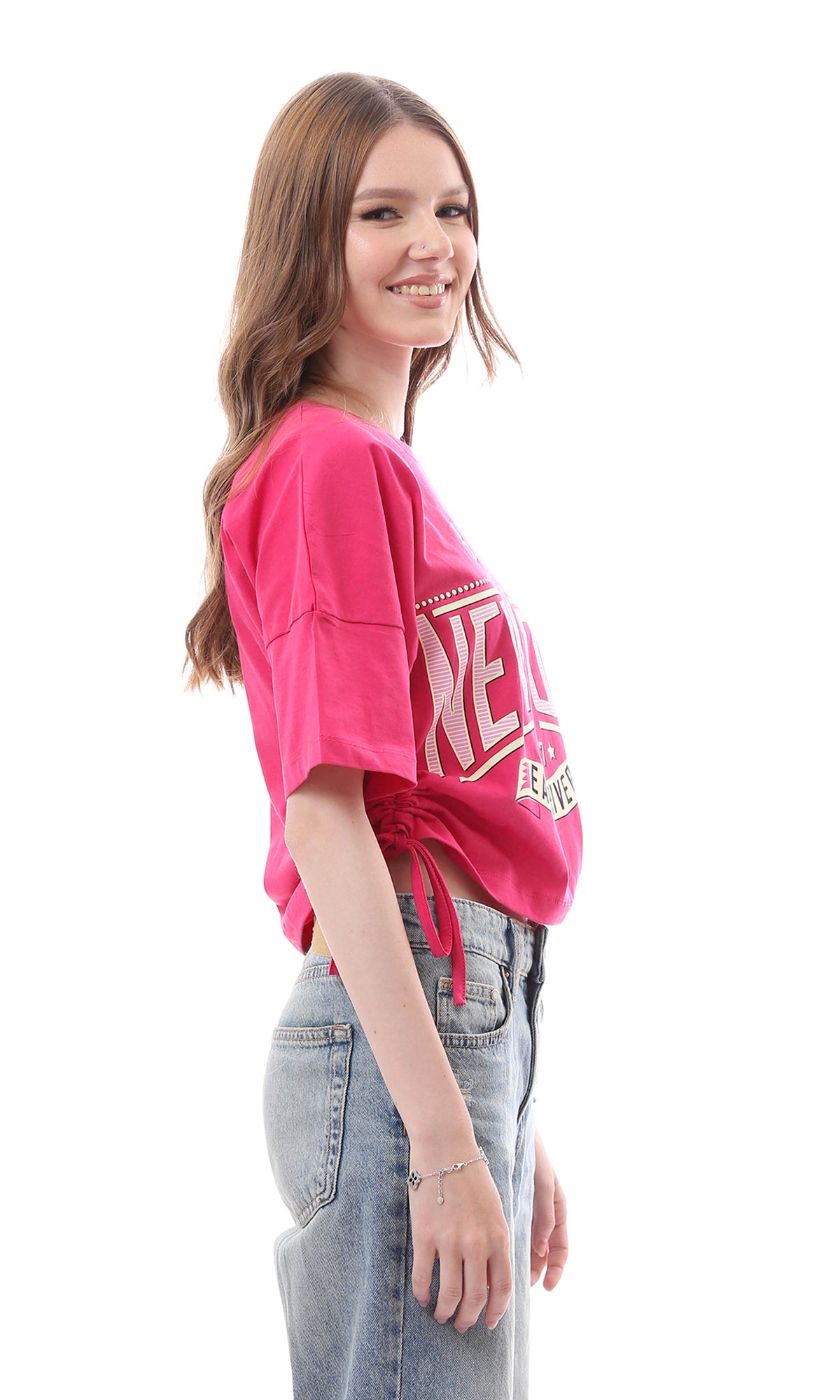 O165472 Trendy Fuchsia Cropped T-Shirt With Side Adjustable Drawstring