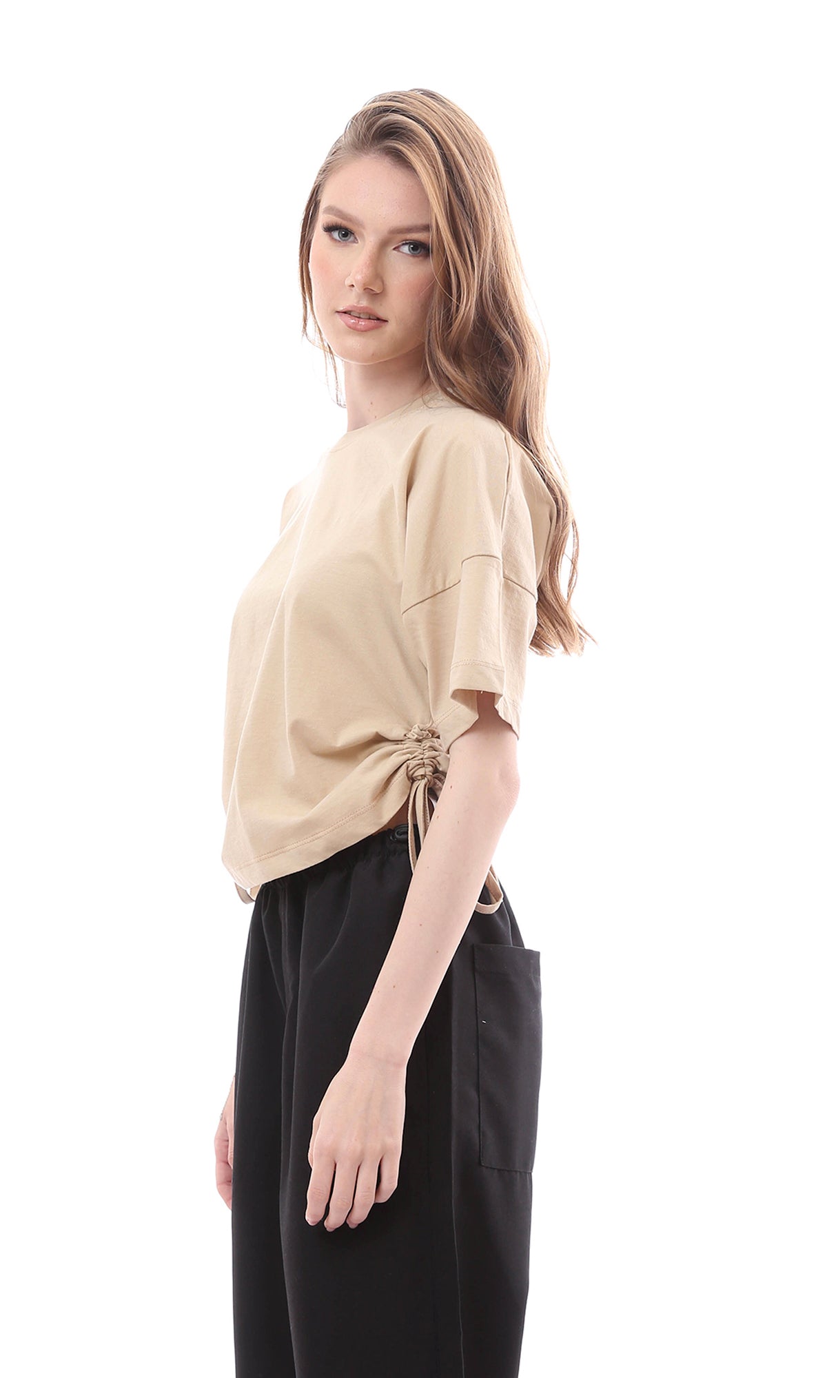 O165476 Funky Cropped Solid Pattern Beige T-Shirt