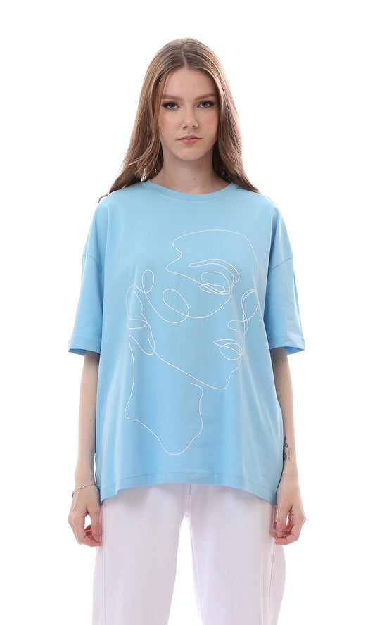 O165804 Sky Blue Graphic Pattern Relaxed Rayon T-Shirt