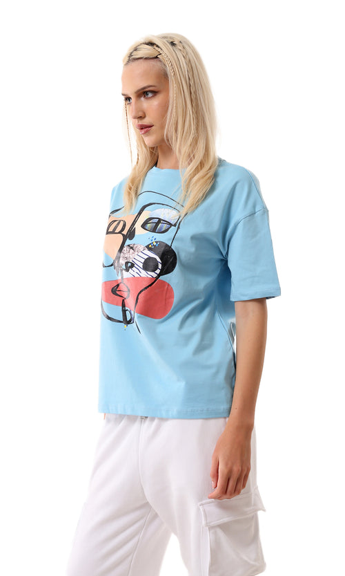 تيشيرت قطن بأكمام قصيرة ازرق فاتح مطبوع