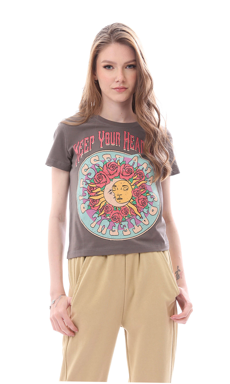 O165837 Keep Your Head Up Printed Regular Fit Cement T-Shirt