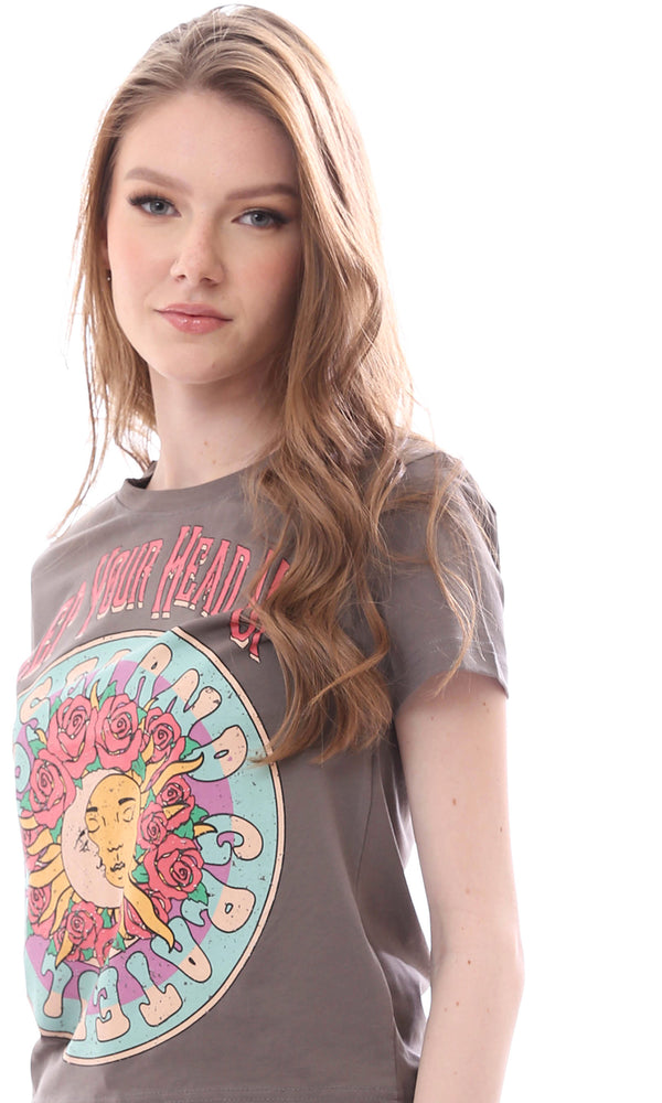 O165837 Keep Your Head Up Printed Regular Fit Cement T-Shirt