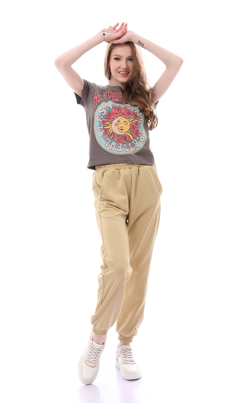 O165837 Keep Your Head Up Printed Regular Fit Cement T-Shirt