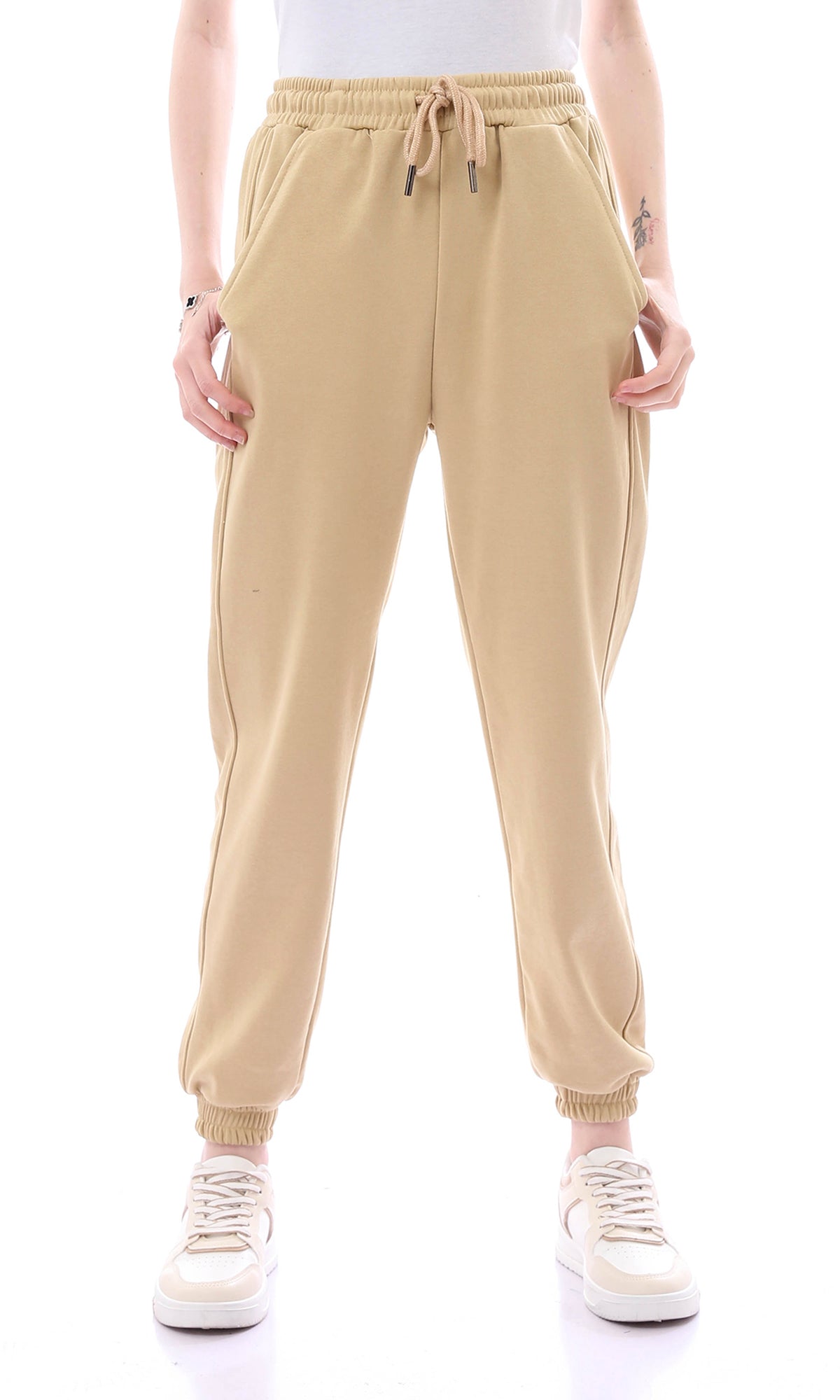 O165842 Dark Beige Solid Cotton Sweatpants With Side Pockets
