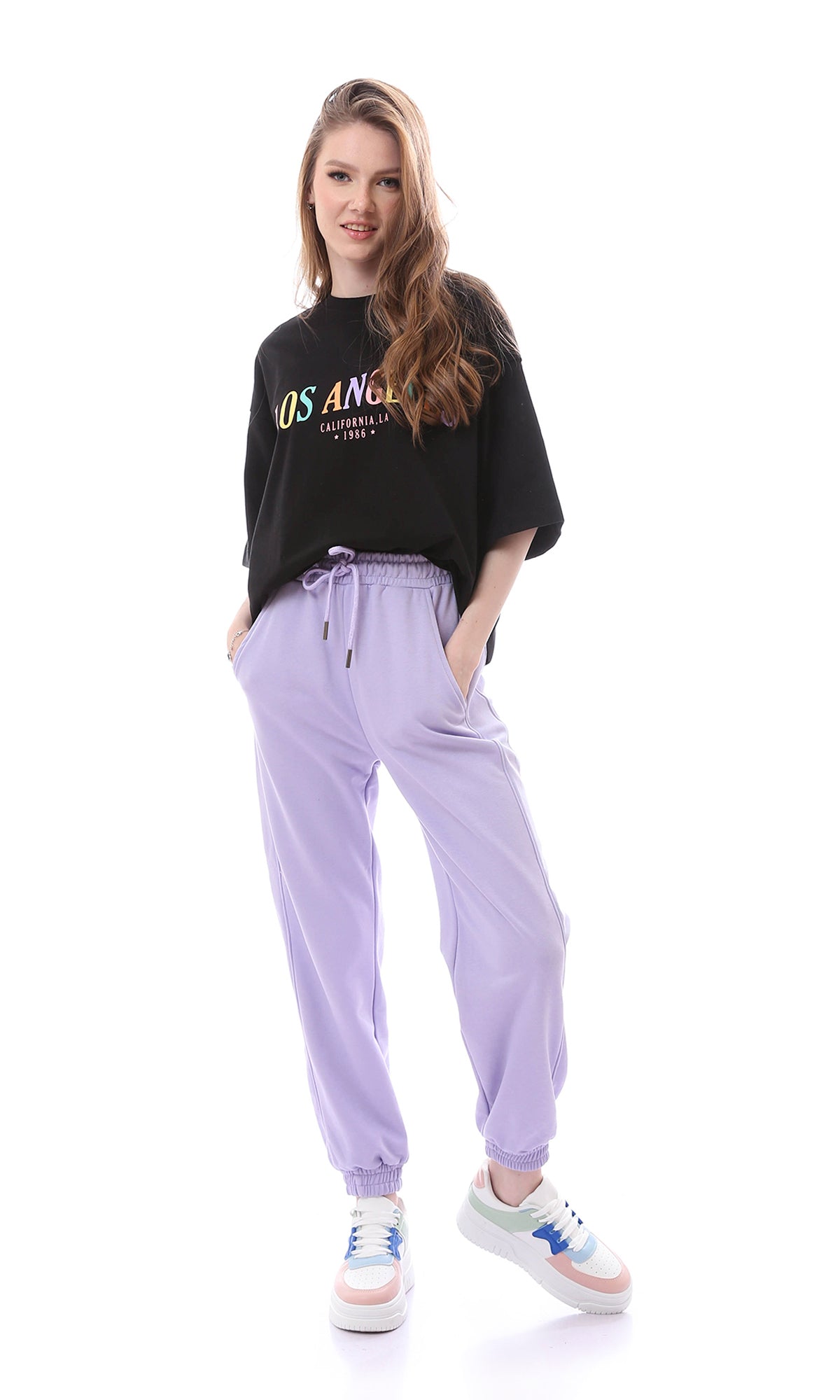 O165843 Elastic Waist Drawstring Light Purple Sweatpants With Hem