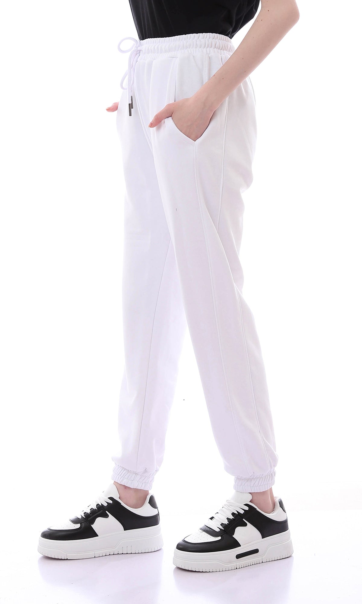 O165844 Comfy Solid Off-White Sweatpants With Elastic Waist Drawstring