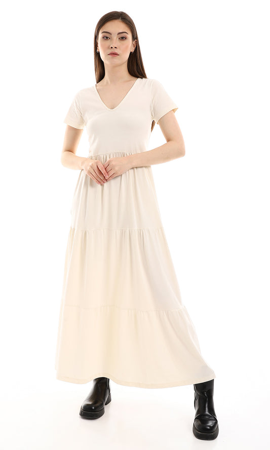 O165846 Simple Tiered Off-White Short Sleeves Dress