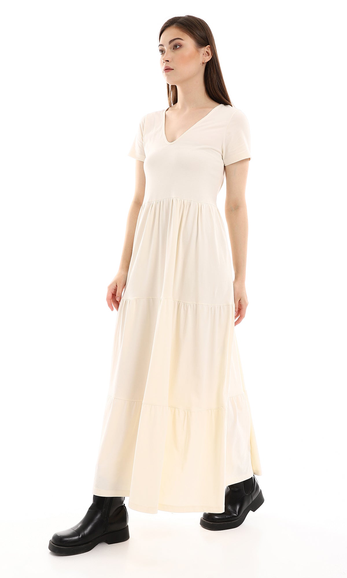 O165846 Simple Tiered Off-White Short Sleeves Dress