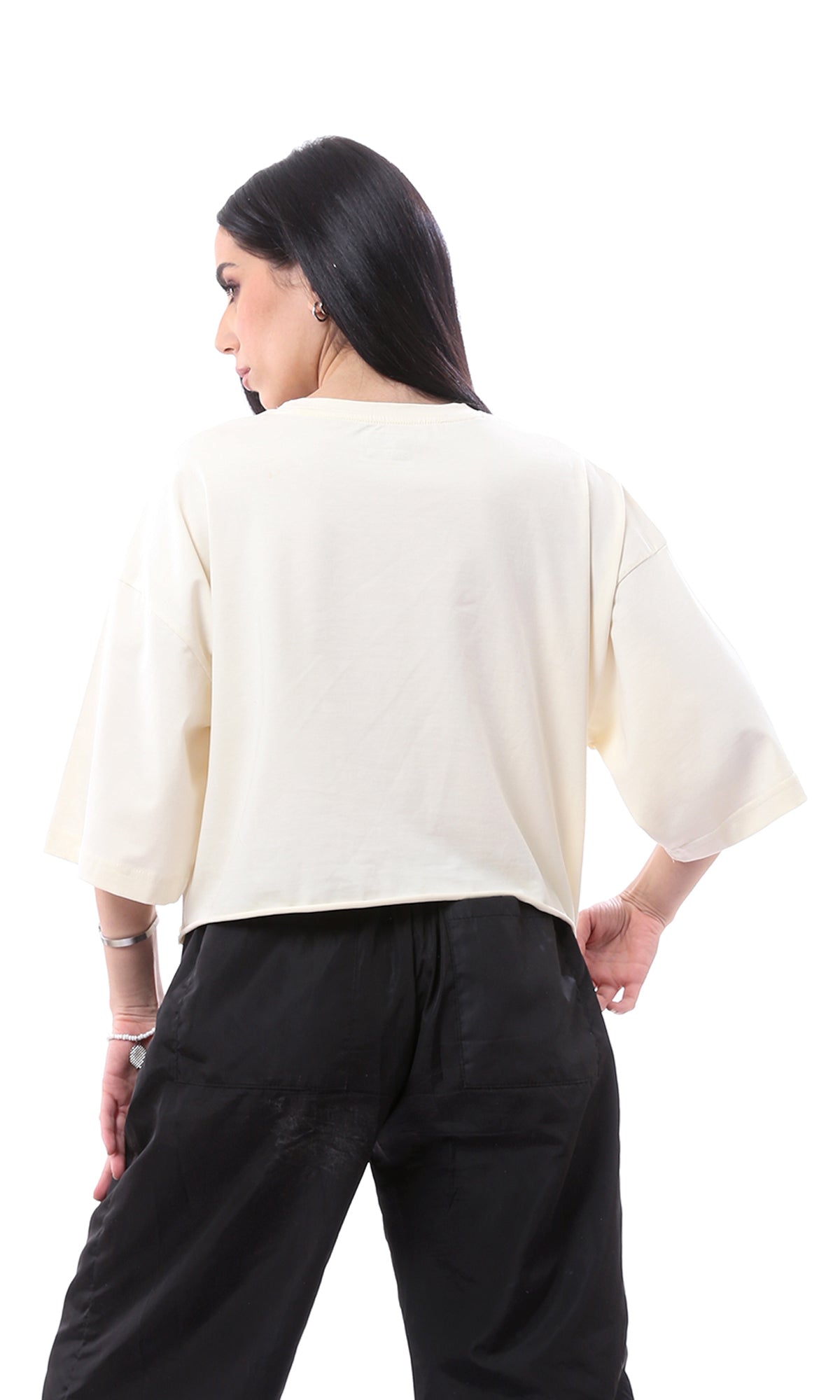 O165848 Loose Printed Short Sleeves Slip On Cream T-Shirt