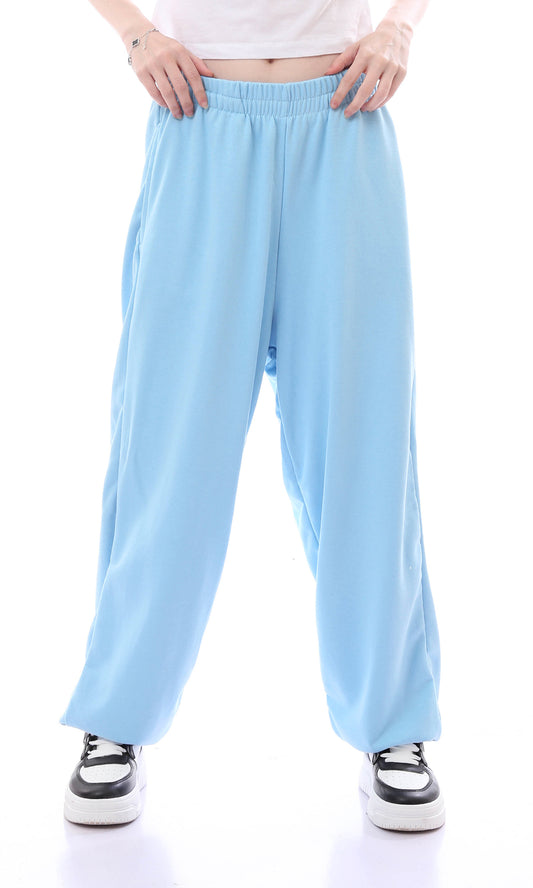 O165861 Relaxed Fit Baby Blue Pants With Elastic Waist & Hem