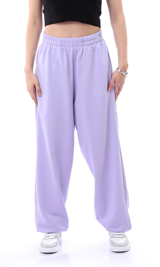 O165862 Elastic Waist Solid Lavender Sweatpants With Hem