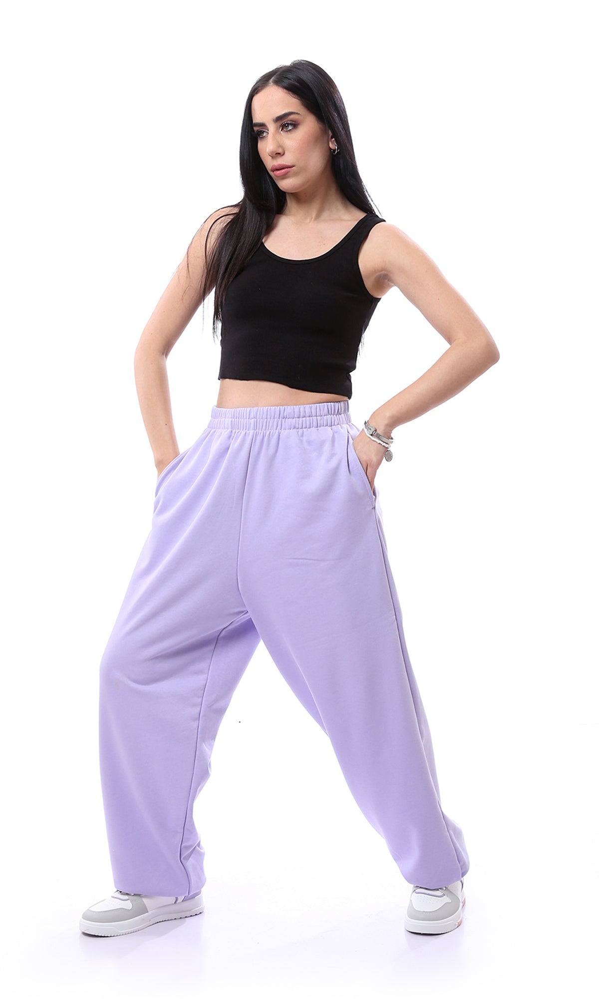 O165862 Elastic Waist Solid Lavender Sweatpants With Hem
