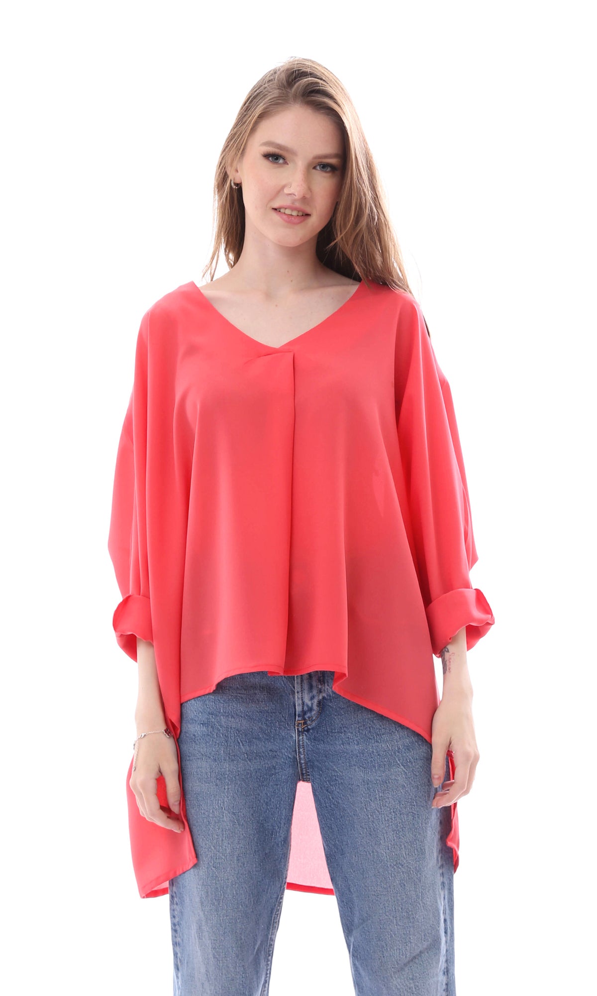 O165916 Loose Fit Chiffon Coral Pink Summer Blouse
