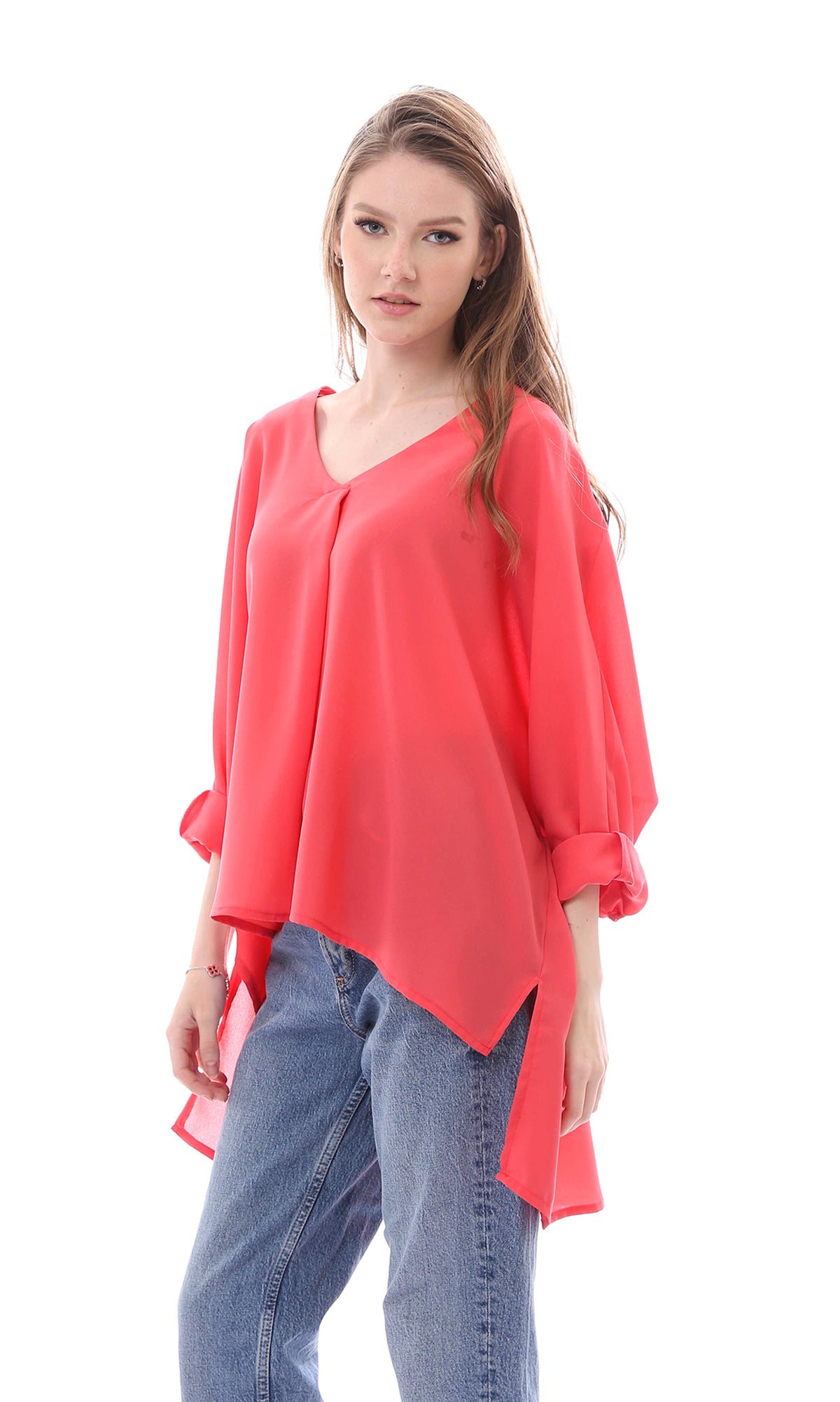 O165916 Loose Fit Chiffon Coral Pink Summer Blouse