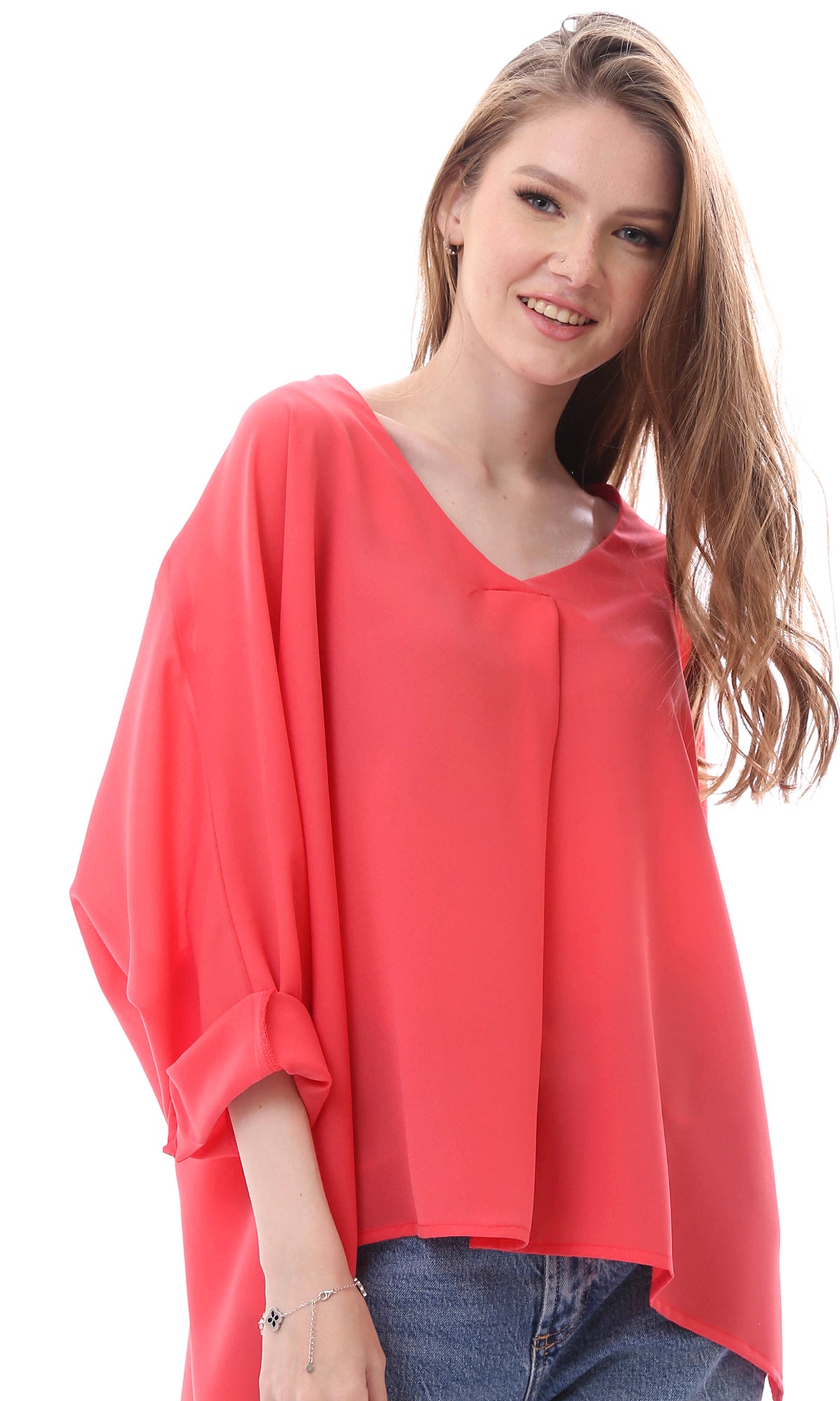 O165916 Loose Fit Chiffon Coral Pink Summer Blouse