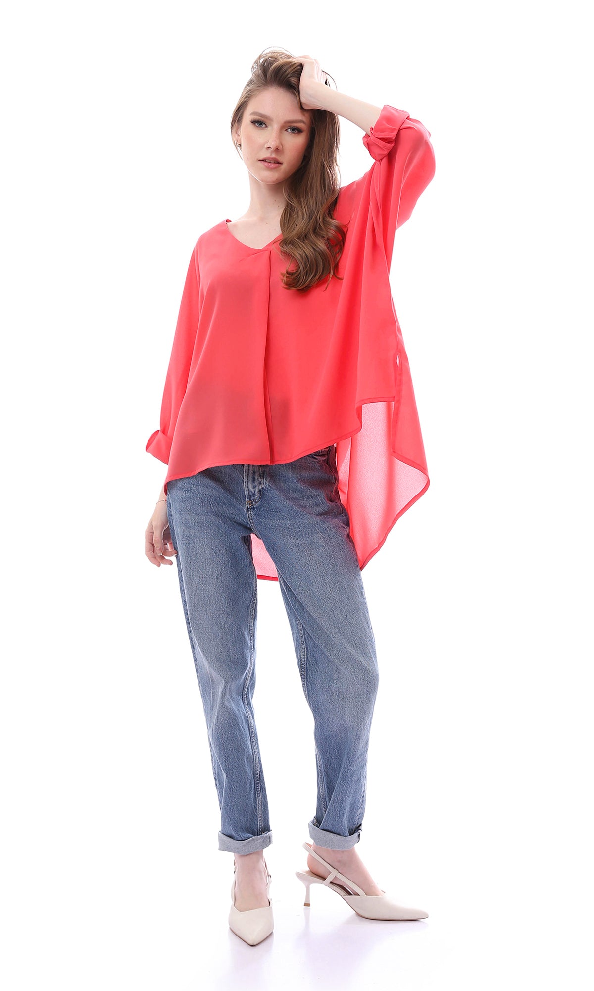 O165916 Loose Fit Chiffon Coral Pink Summer Blouse