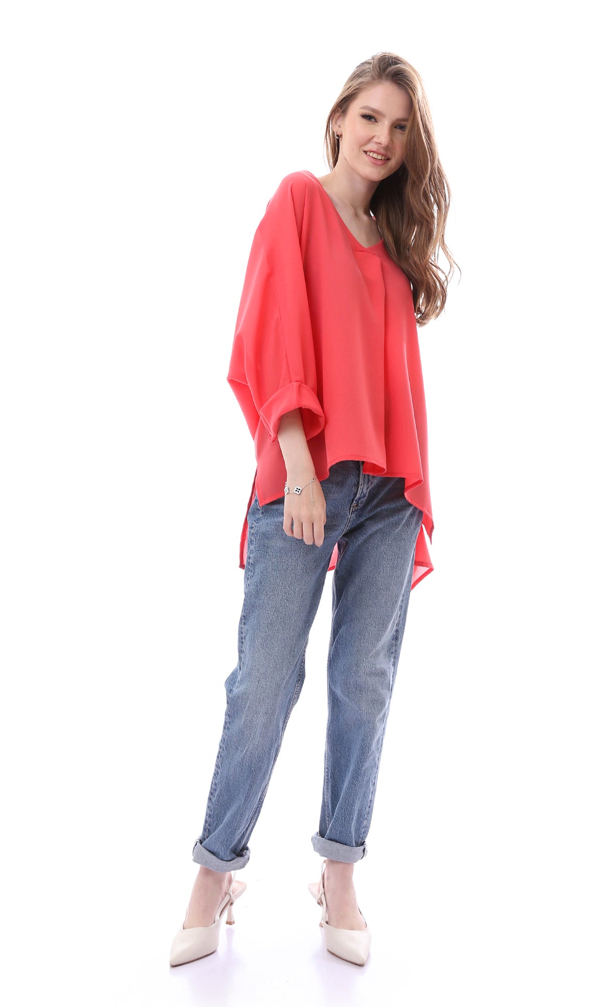 O165916 Loose Fit Chiffon Coral Pink Summer Blouse