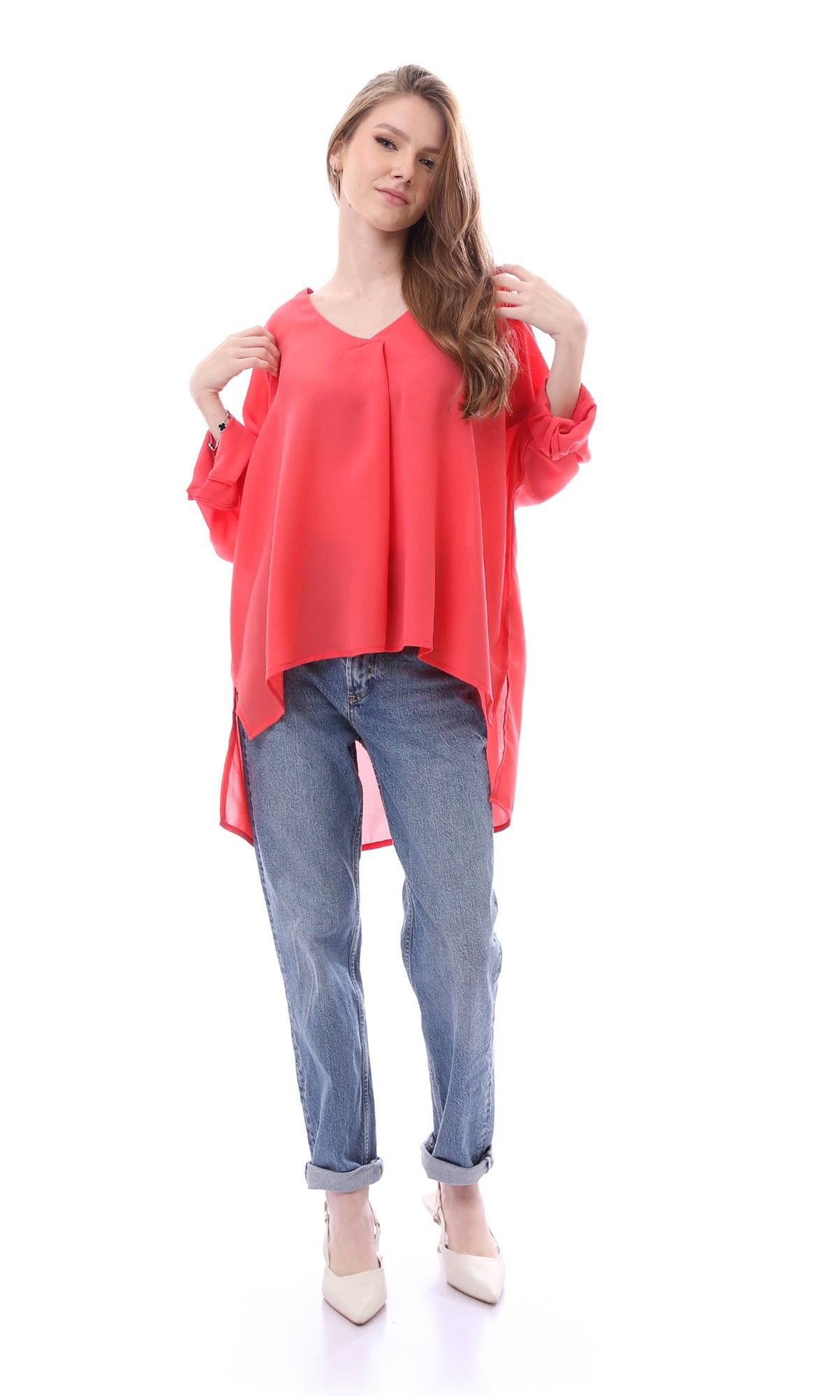 O165916 Loose Fit Chiffon Coral Pink Summer Blouse
