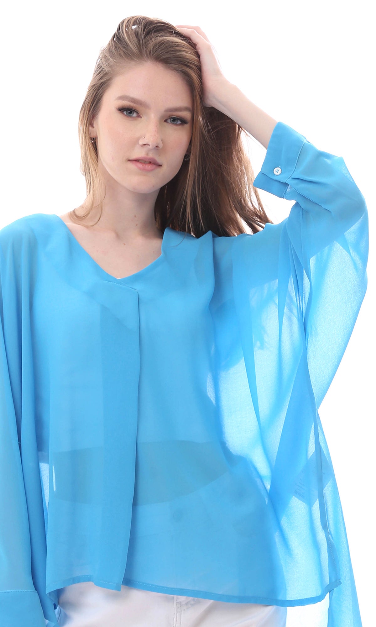 O165919 Wide V-Neck Solid Chiffon Turquoise Blouse