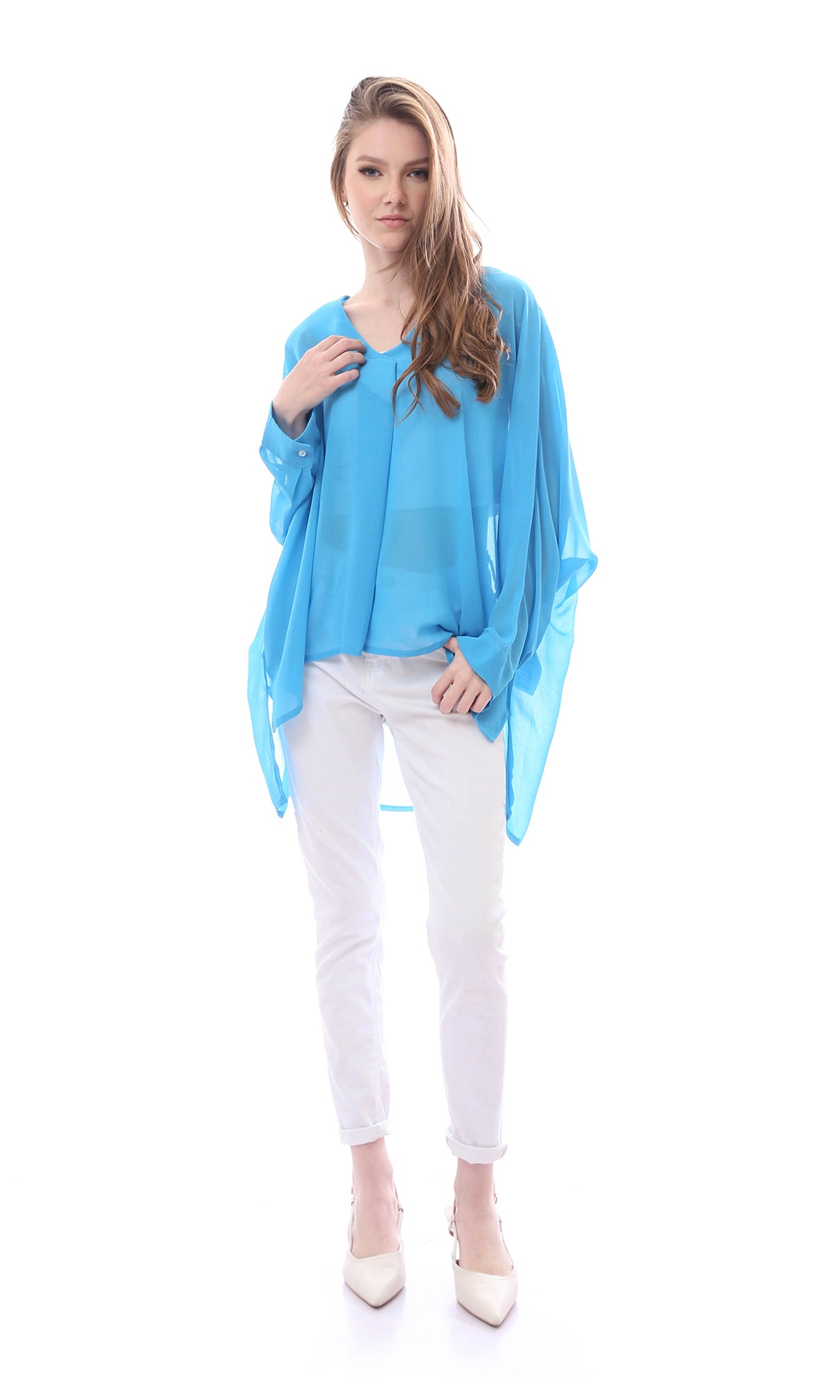 O165919 Wide V-Neck Solid Chiffon Turquoise Blouse