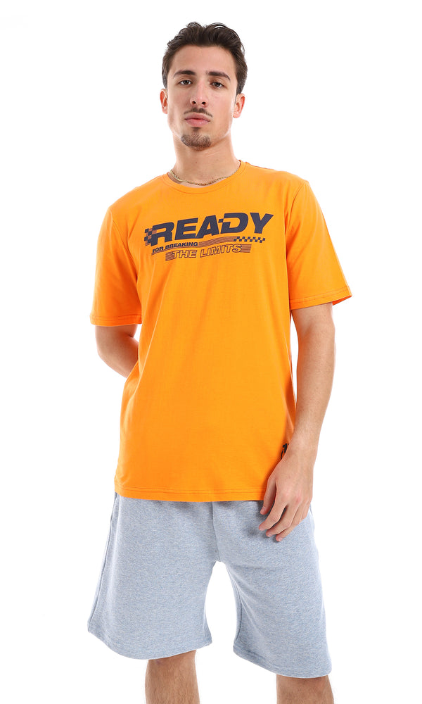 O165971 "Ready" Chest Printed Tee - Orange & Navy Blue