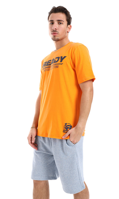 O165971 "Ready" Chest Printed Tee - Orange & Navy Blue