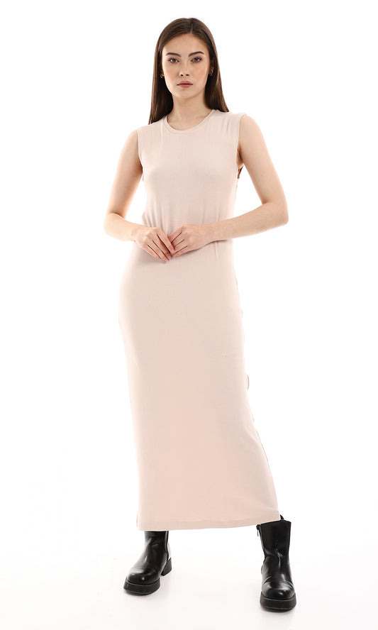 O166305 Ribbed Nude Beige Round Neck Long Dress