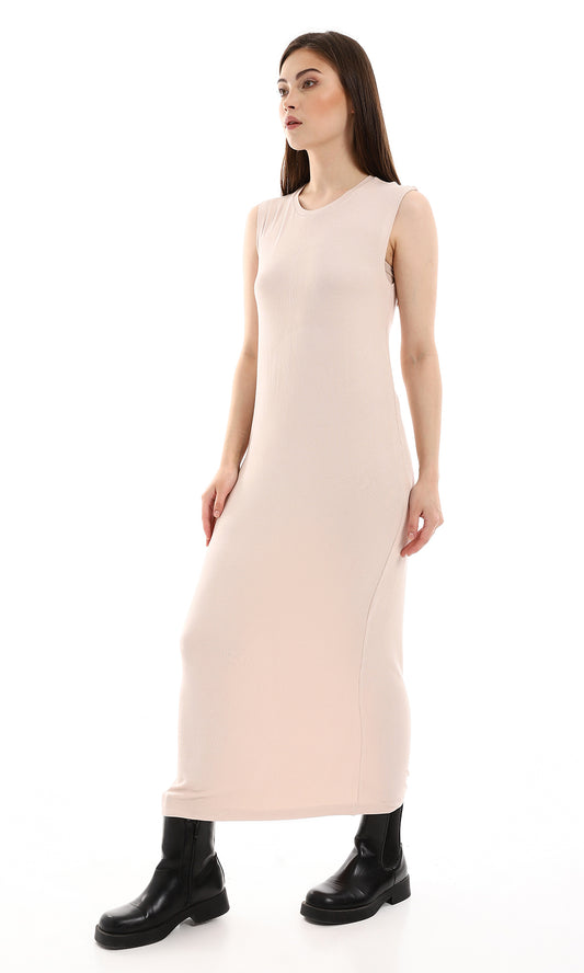 O166305 Ribbed Nude Beige Round Neck Long Dress