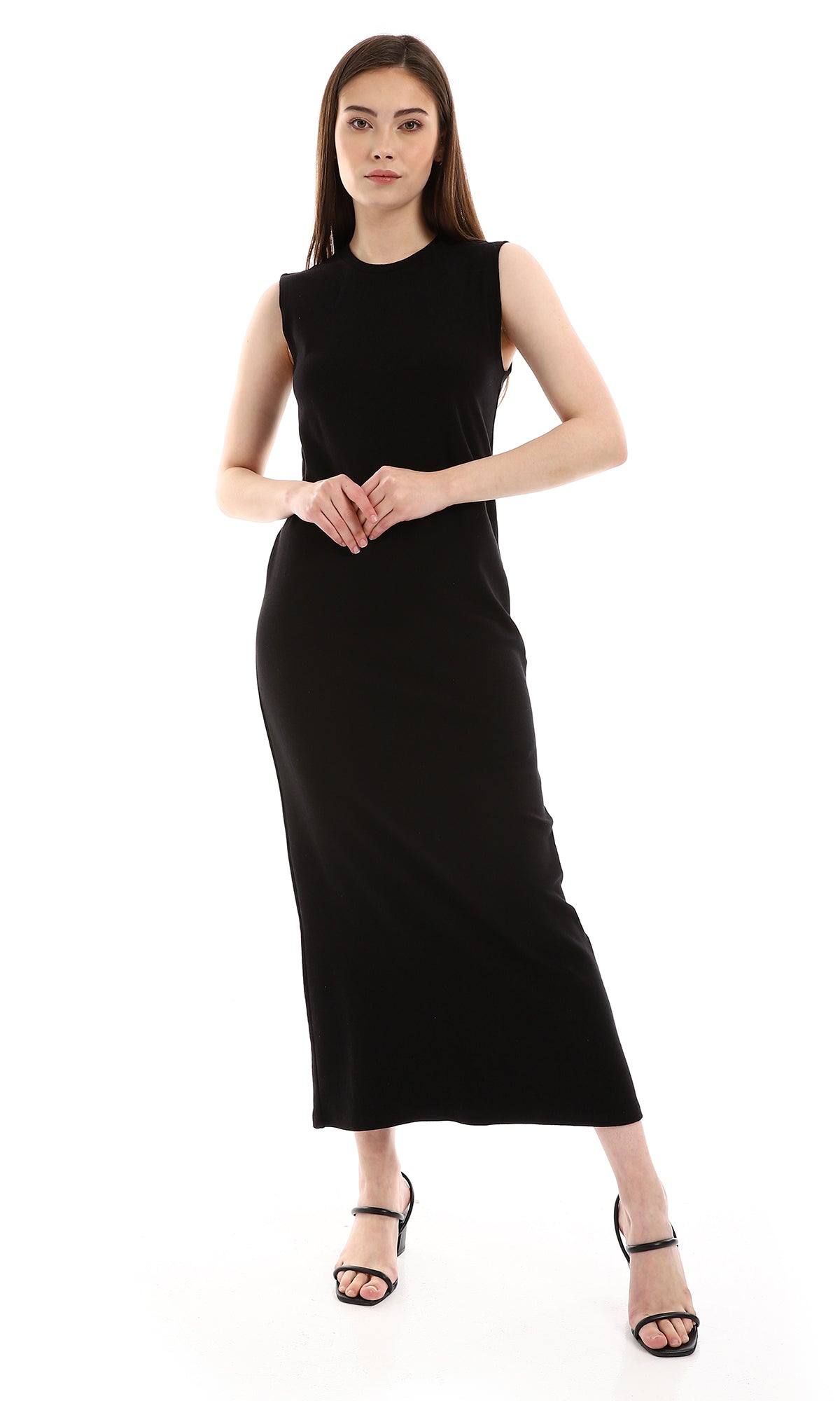 O166307 Plain Black Slip On Sleeveless Dress