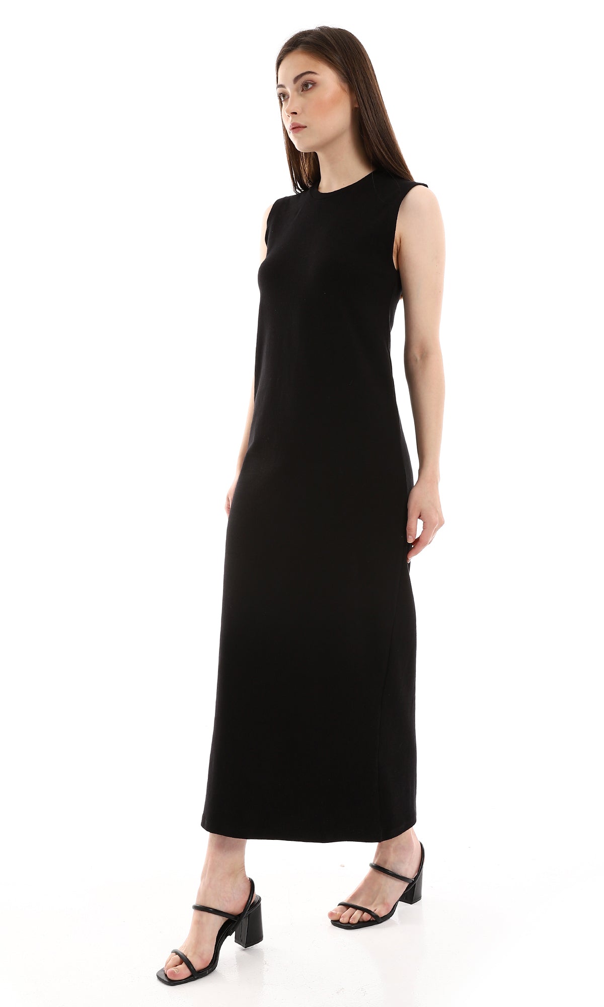 O166307 Plain Black Slip On Sleeveless Dress