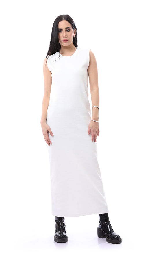 O166316 Off-White Self Ribbed Sleeveless Maxi Dress