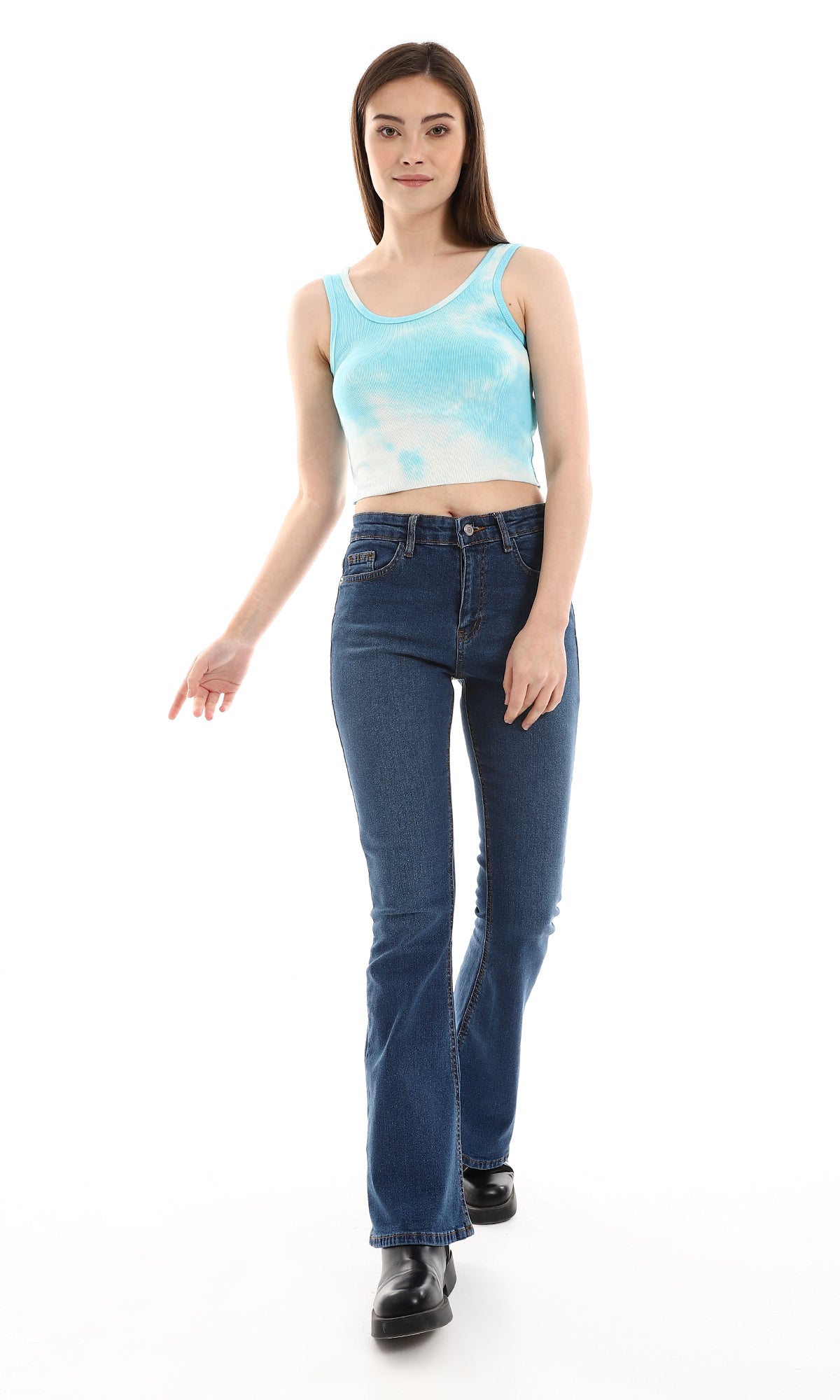 O166336 Sleeveles Top With Aqua Blue Shades Tie Dye Pattern