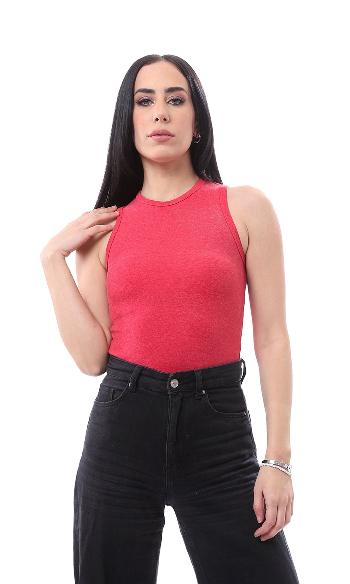 O166387 Heather Red Round Neck Casual Top