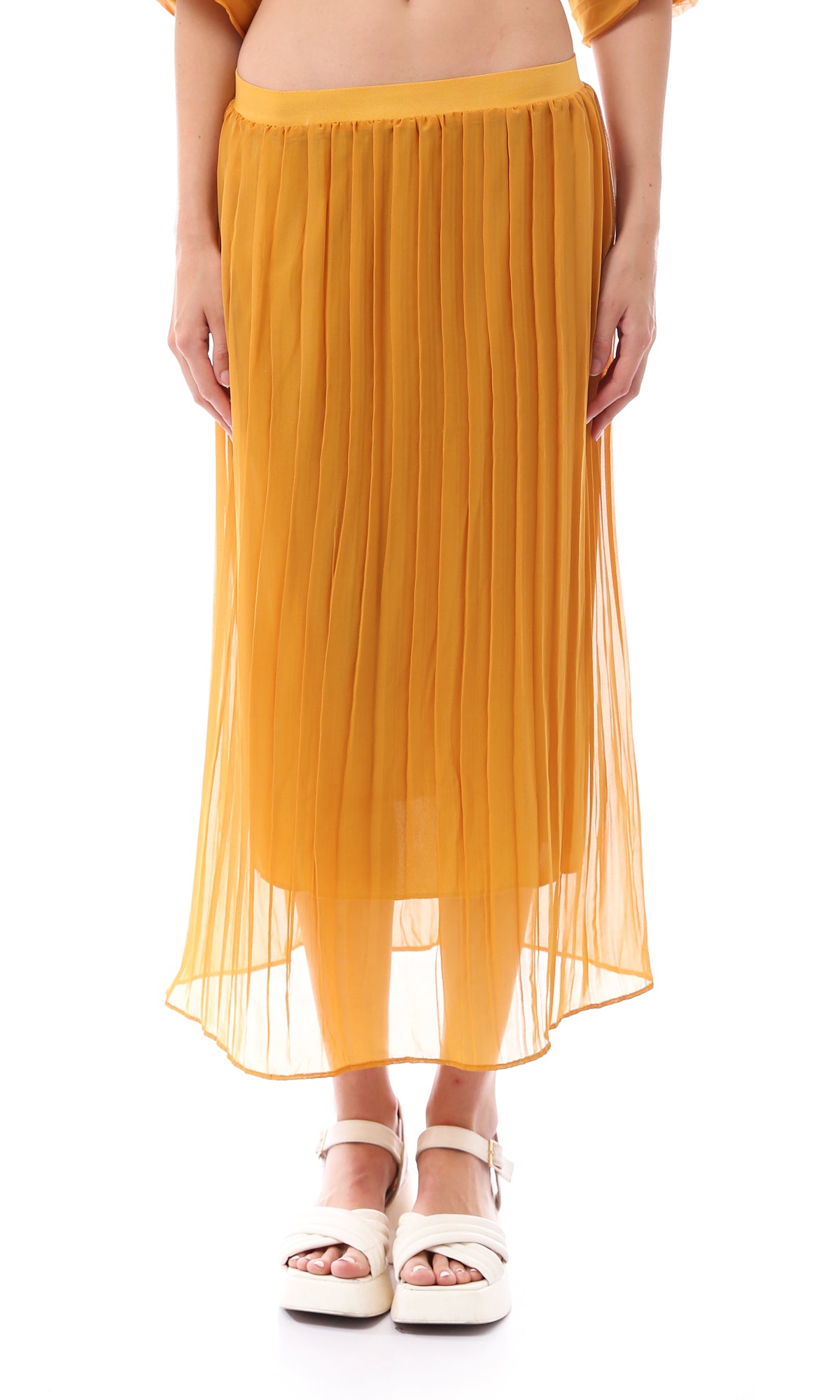 Mustard Pleated Sheer Overlay Midi Skirt - O166417