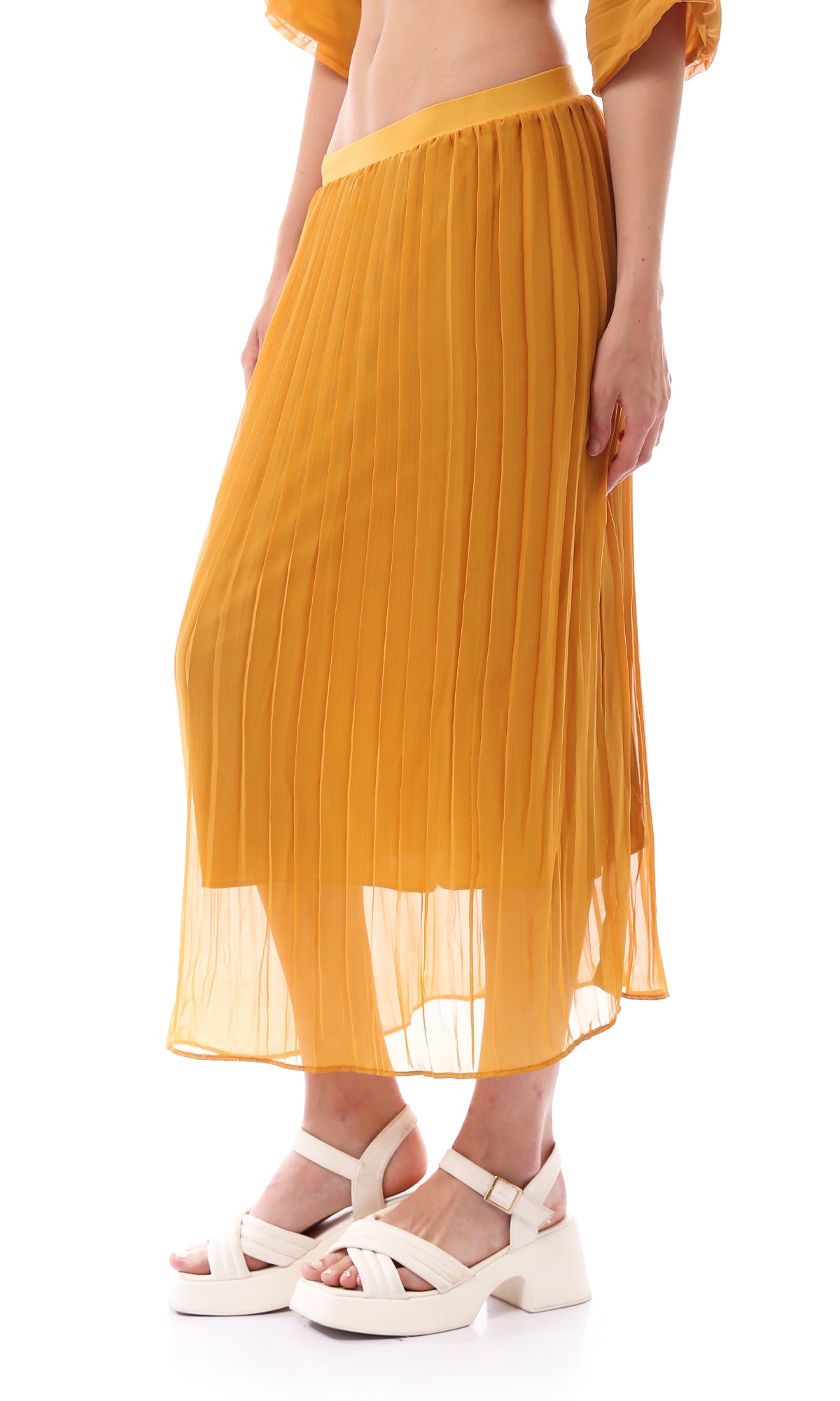 Mustard Pleated Sheer Overlay Midi Skirt - O166417