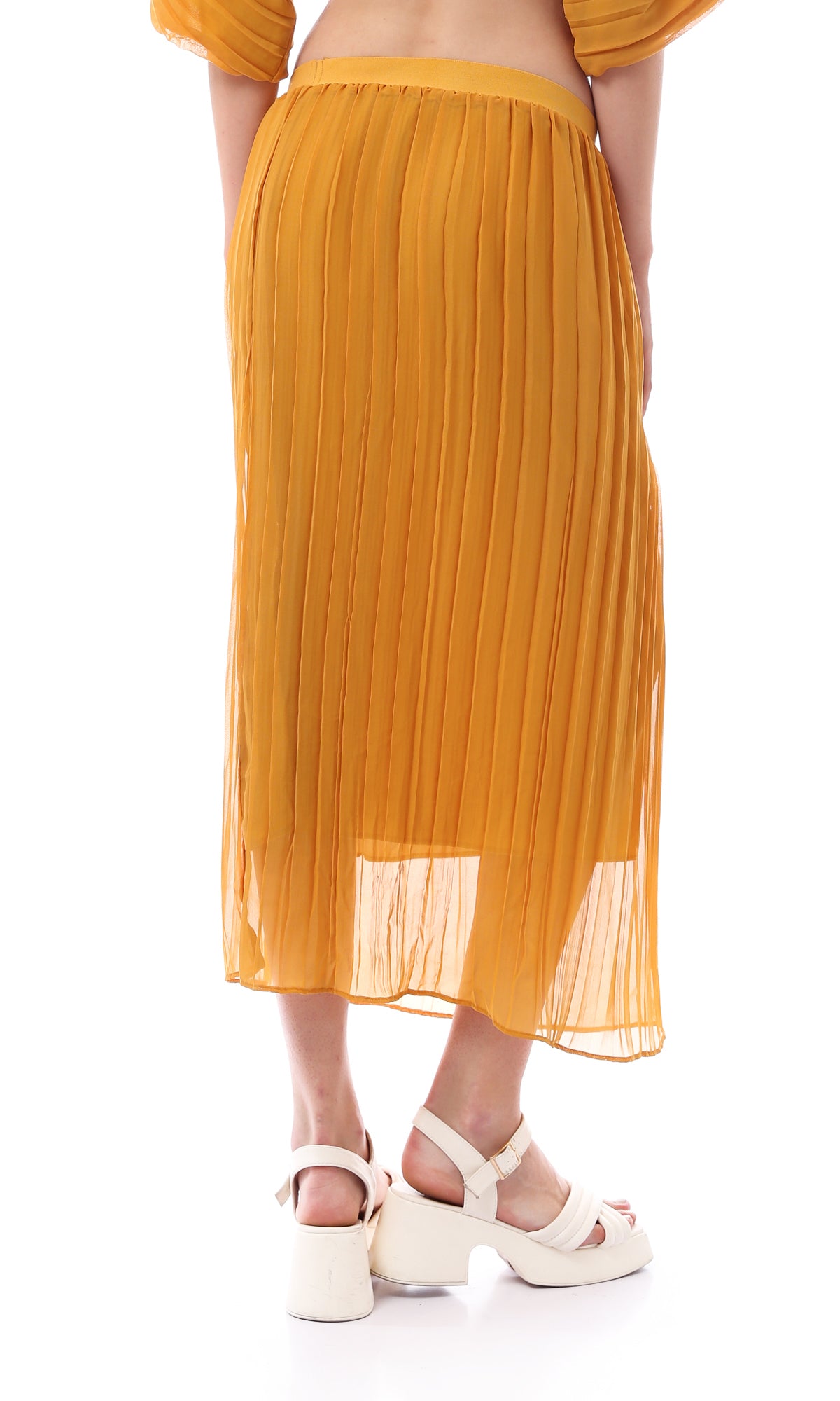 Mustard Pleated Sheer Overlay Midi Skirt - O166417