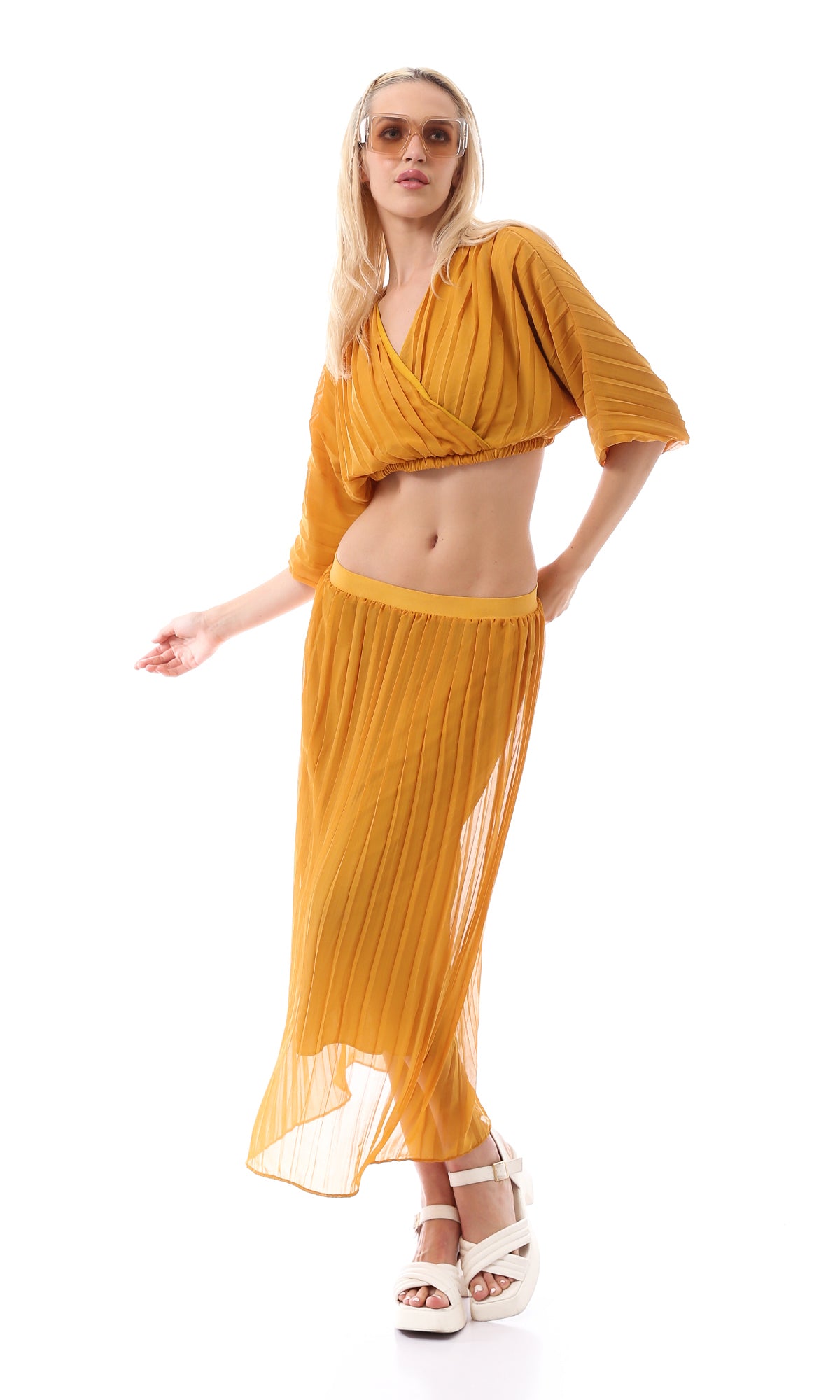 Mustard Pleated Sheer Overlay Midi Skirt - O166417