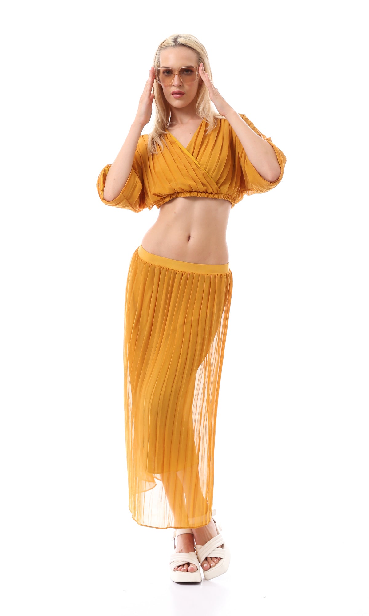 Mustard Pleated Sheer Overlay Midi Skirt - O166417
