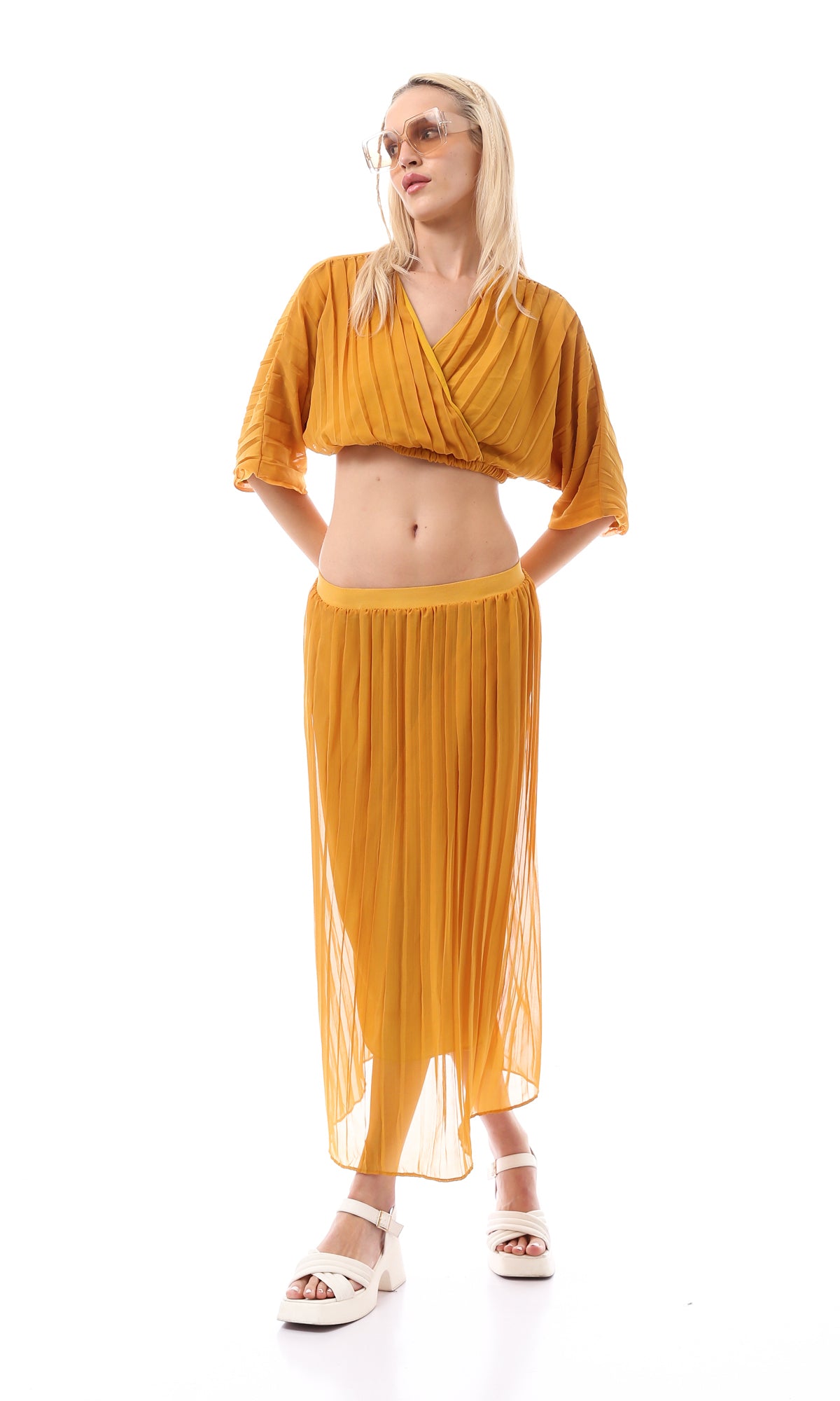 Mustard Pleated Sheer Overlay Midi Skirt - O166417