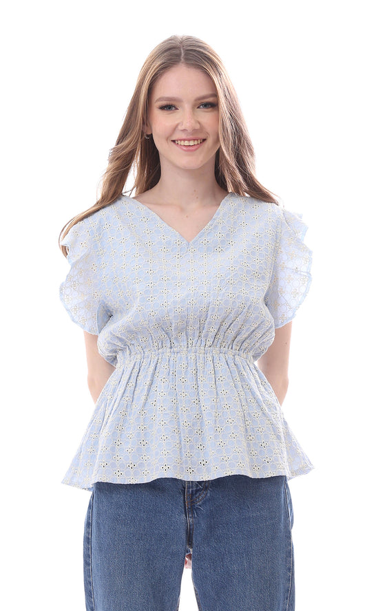 O166510 Pastel Blue & Beige Blouse Cap Sleeves With Elastic Waist