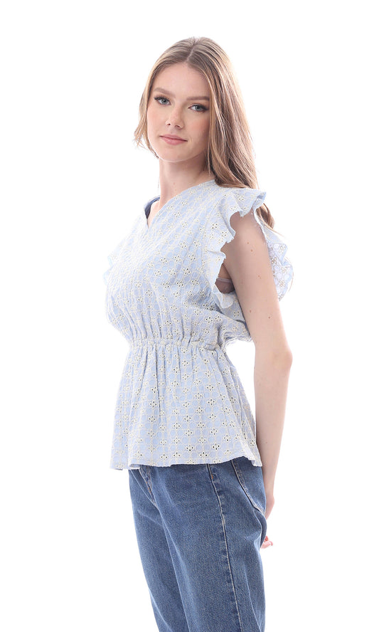 O166510 Pastel Blue & Beige Blouse Cap Sleeves With Elastic Waist