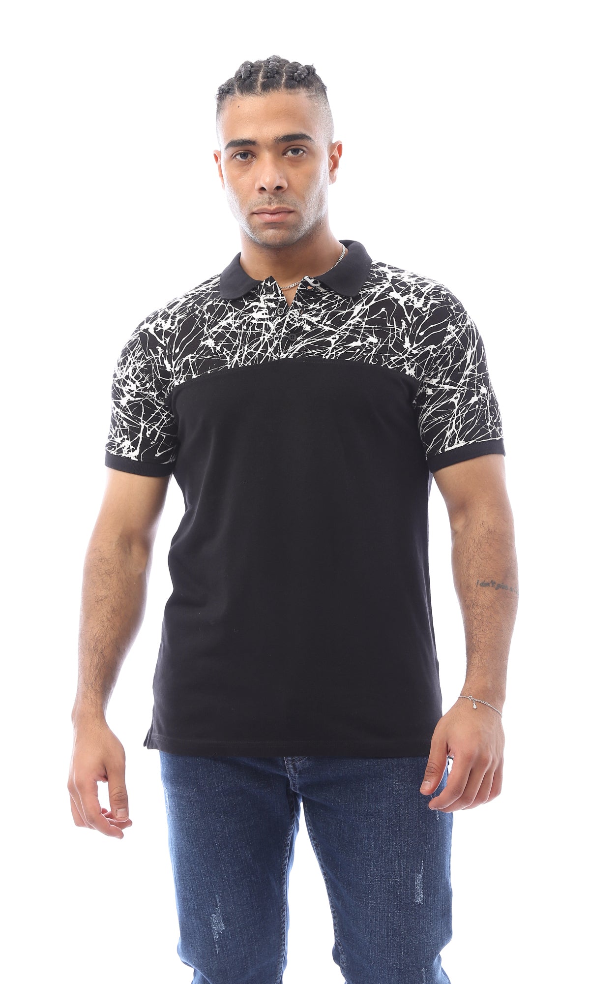 O166550 Patterned Shoulders & Solid Polo Shirt - Black & White