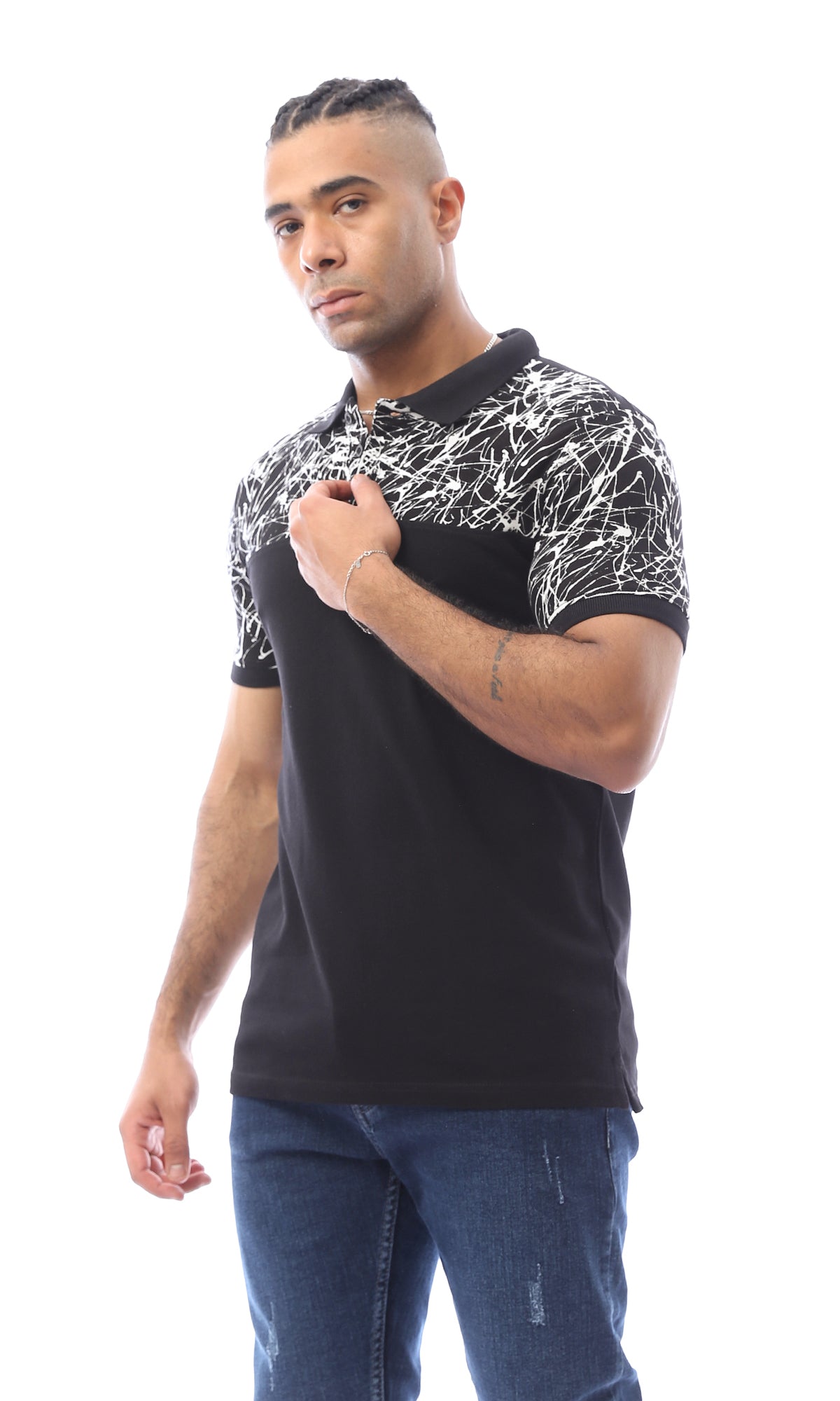 O166550 Patterned Shoulders & Solid Polo Shirt - Black & White