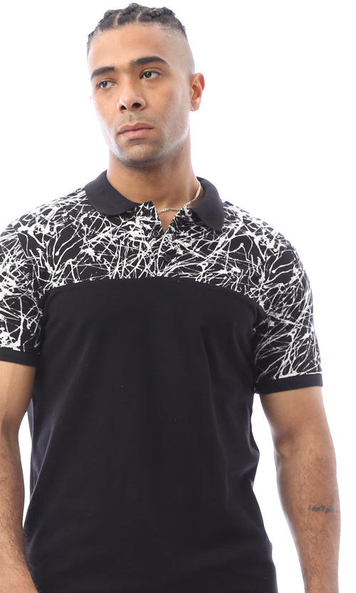 O166550 Patterned Shoulders & Solid Polo Shirt - Black & White