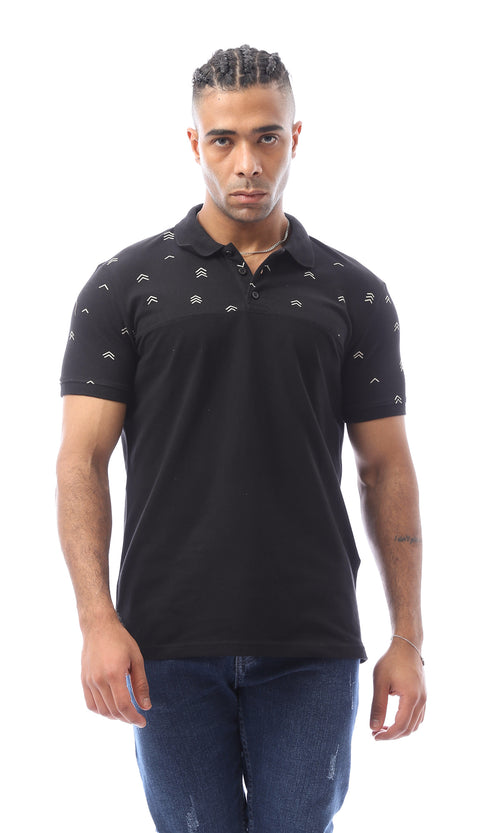 O166552 Black Polo Shirt With Patterned Shoulders